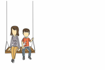 Continuous one line drawing little brother and big sister sitting together on a swing. Vacation together in the park. National Brothers and Sisters Day. Single line draw design vector illustration