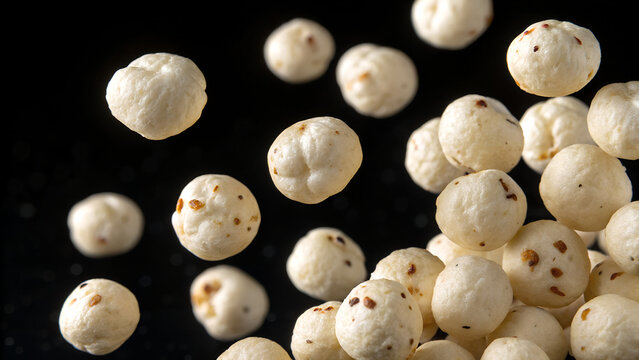 Close up of makhana or fox nuts a healthy indian snack floating against a dark background