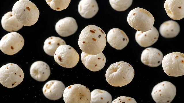 Puffed makhana or fox nuts levitate against a dark backdrop in a studio shot