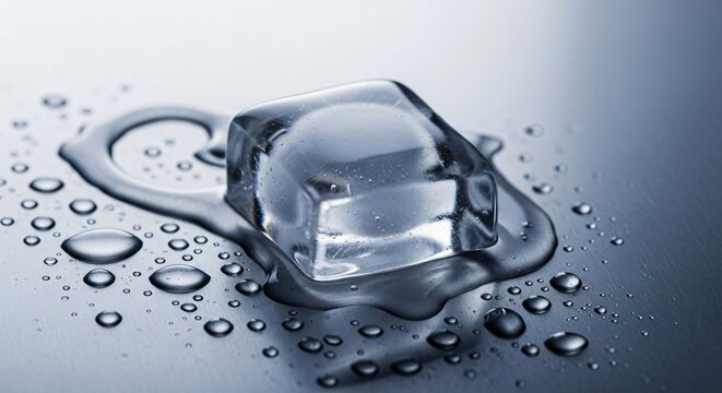 A single ice cube melting on a reflective surface surrounded by small water droplets and a puddle of water