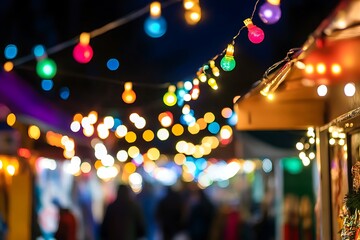 lively festival lights draped over market stalls