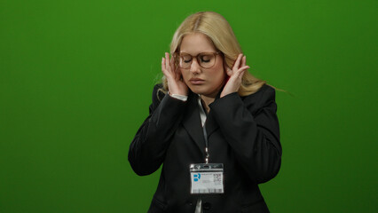 Blonde woman wearing glasses and suit showing disgust with face and hands on green background.