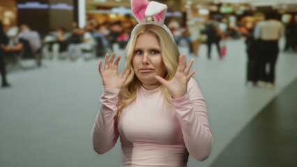 Young blonde woman with bunny ears looking funny and scared in airport terminal filled with...