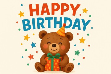 Happy birthday cartoon bear with confetti and colorful gift