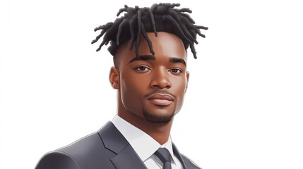 Young African male man in suit with dreadlocks and confident expression on white background.