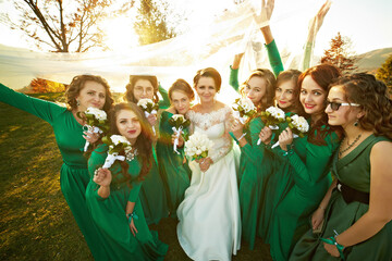 A group of bridesmaids are posing for a picture with a bride in the center. The bride is wearing a...