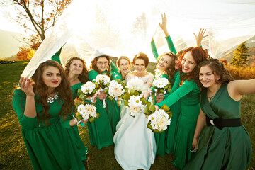 A group of women in green dresses are posing for a photo with a bride in the center. The bride is...