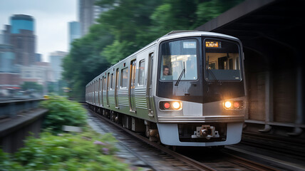 Naklejka premium Modern train moving through urban landscape. 