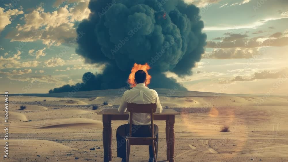 Poster a man sits alone at a table in the desert, surrounded by vast dunes and clear blue skies