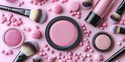Pink blush and makeup brushes with cosmetic products on pastel pink background, flat lay beauty composition. Copy space