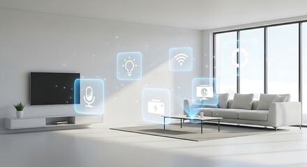 Minimalist living room showcasing smart home technology with glowing digital interfaces and modern interior design elements.