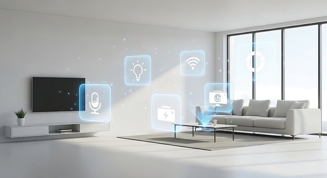 Minimalist living room showcasing smart home technology with glowing digital interfaces and modern interior design elements.