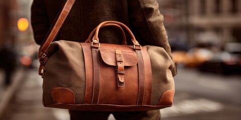 Leather Satchel. Retro Business Fashion: Man with Canvas Duffle Bag on Shoulder
