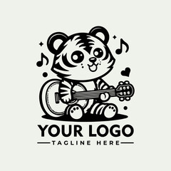 Adorable cartoon tiger joyfully playing a banjo, musical notes and hearts surround it, perfect for a logo design.