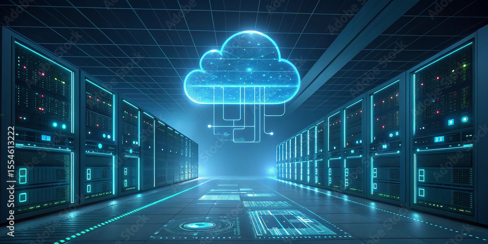 Poster futuristic data center with glowing cloud computing symbol in a blue neon tunnel