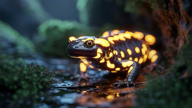 Glowing salamander, vibrant yellow spots, dark forest backdrop.
 - Powered by Adobe