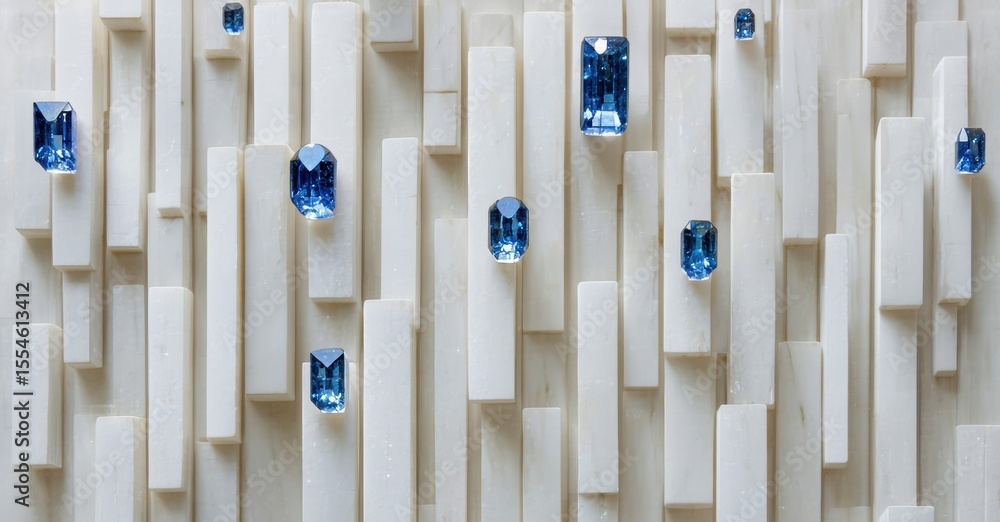 Aufkleber Rectangular blocks create textured wall. Blue gems accent neutral surface. Modern design, elegant detail, artistic installation.
