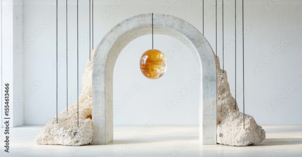 Poster minimalist sculpture features stone arch, amber sphere suspended. vertical lines create depth, neutr