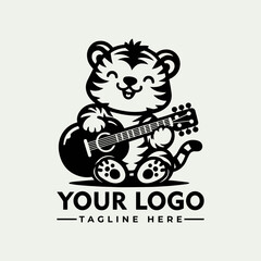 A happy cartoon tiger plays a guitar, smiling with joy and delight.