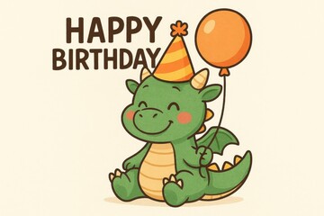 Smiling cartoon dragon with hat and balloon for birthday celebration