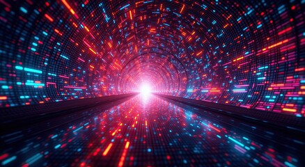 Obraz premium A vibrant tunnel is filled with red and blue lights, leading the eye towards a bright light source.