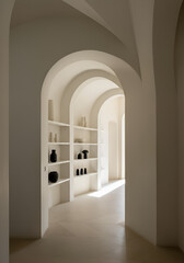 Interior hallway with curved arches and built-in geometric shelving, featuring textured white walls. 3D render.