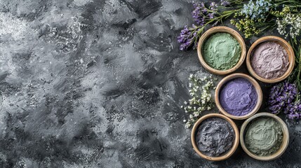 Colorful cosmetic clay masks in wooden bowls with fresh flowers on dark textured background. Copy space
