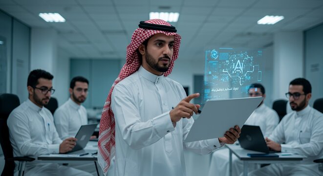 Arab businessman presents AI-powered solutions to colleagues in modern office.