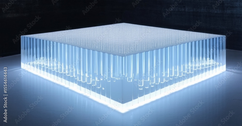Poster Illuminated cube structure. Clear material reveals internal columns. Minimalist design, modern aesthetic, bright light emission.