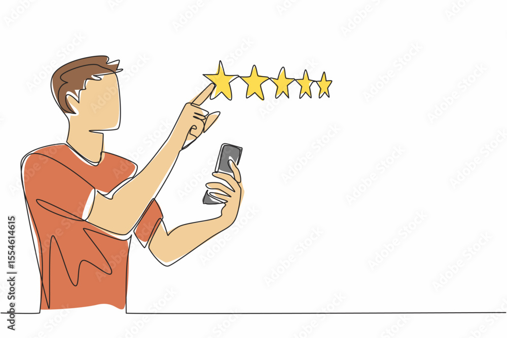 Aufkleber continuous one line drawing man holds smartphone and other hand points to 1 star out of 5 stars. hon