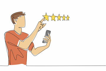 Continuous one line drawing man holds smartphone and other hand points to 1 star out of 5 stars. Honest evaluation based on experience. Write a Review Day. Single line draw design vector illustration