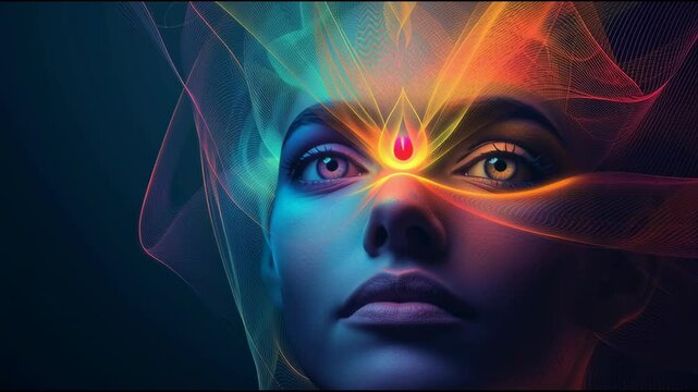 A mystical visual background designed for meditation, focusing on the concept of awakening the third eye. Radiant energy emanates from the forehead area, symbolizing inner vision, higher consciousness