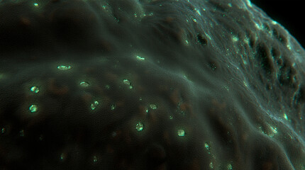  Microphotography Close-Up of Alien Skin Texture Covered with Bioluminescent Pores and Soft Glowing Veins Beneath the Surface, Surreal Macro Sci-Fi Scene with Rich Detail and Otherworldly Atmosphere
