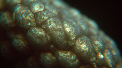  Microphotography Close-Up of Alien Skin Texture Covered with Bioluminescent Pores and Soft Glowing Veins Beneath the Surface, Surreal Macro Sci-Fi Scene with Rich Detail and Otherworldly Atmosphere