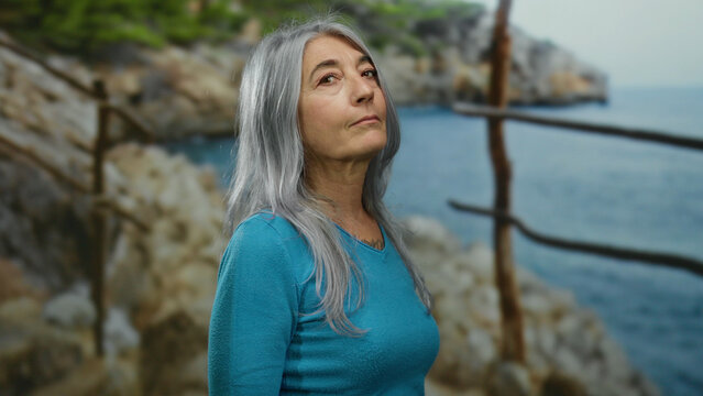 Senior woman with grey hair standing outdoors by the seaside at the beach, looking contemplatively beyond the rocky landscape with ocean in the background. - Powered by Adobe