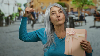 Woman with grey hair confidently holds a pink gift box with a fist raised in a lively outdoor...