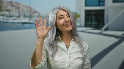Senior woman with grey hair waves happily on a seaside promenade under the sunny sky showcasing warmth and friendliness.