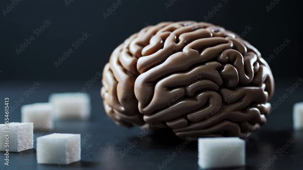 Aufkleber Plastic anatomical model of human brain rotating slowly near sugar cubes on dark background shows sugar's effect on brain function and cognitive abilities