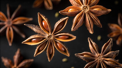Fototapeta premium Aromatic star anise spices arranged against a dark background showcase their intricate star shape and rich brown color