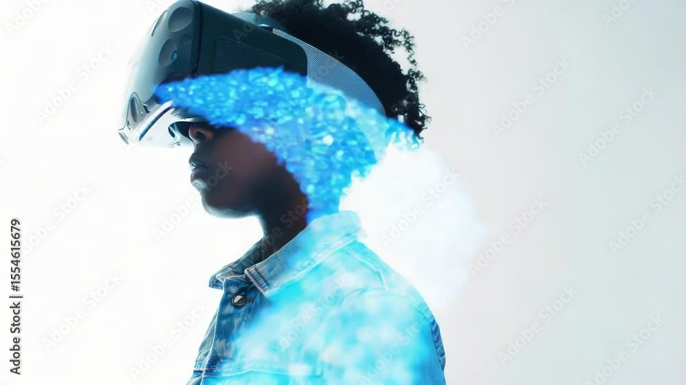 Poster a person wearing a virtual reality headset with controllers and a peaceful background