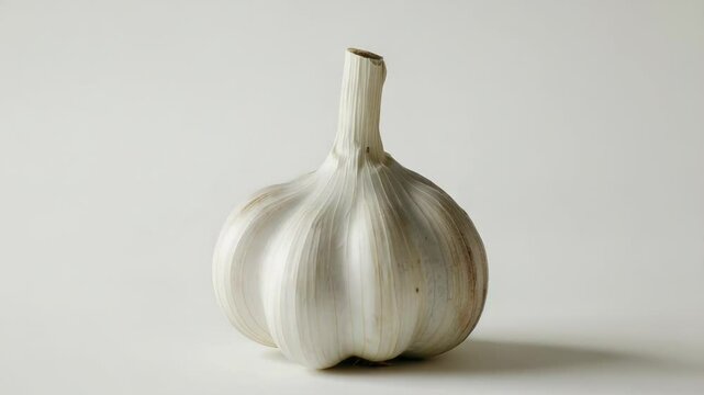 A close-up shot of a garlic bulb on a white surface