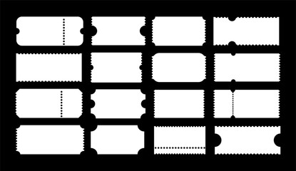 Set of tickets. Admit one white ticket. Vintage, retro tickets concert, festival event, movie theatre coupon. Digital samples icons. Empty template. Ticket simple pattern. Blanks backdrops.