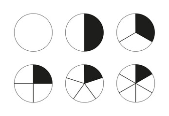 Round divided diagrams with from one to six segments. Circle division on from 1 to 6 equal parts. Coaching blanks. Infographic set. Pizza, pie charts. Segmented black pinwheel.