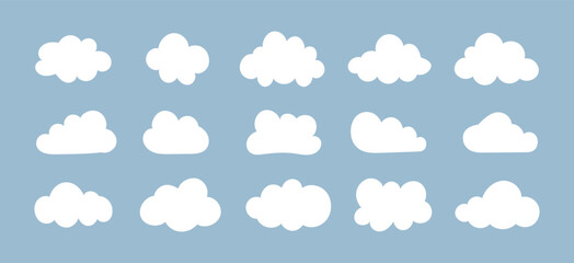 Clouds in blue sky. White puffy, fluffy, cumulus clouds on blue background. Cloudy shapes. Weather elements template. Objects cloudscape.