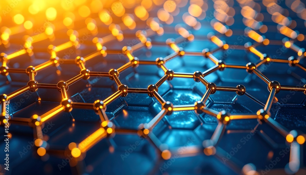 Poster illuminated graphene structure with molecular nanotechnology 3d rendering, and abstract background.
