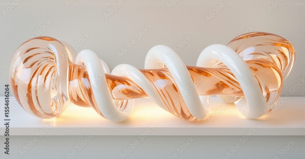 Aufkleber glass sculpture features swirling form. peach, cream hues create dynamic visual interest. light eman