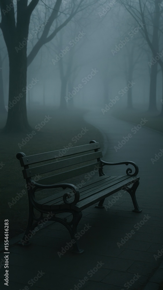 Poster misty path with empty bench