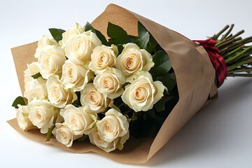 Creamy roses bouquet wrapped in brown paper tied with a red ribb