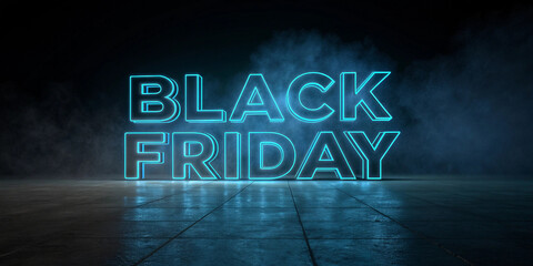 Black friday neon sign glows with blue light and smoke creating a modern abstract design for shopping promotions
