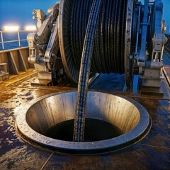 Close-Up of Subsea Fiber Optic Cable Entering Deployment Hatch on Offshore Vessel